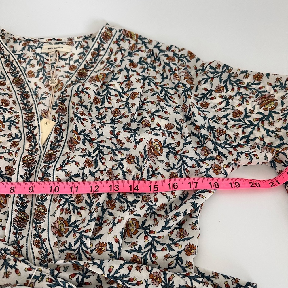 MAX STUDIO Beige Floral Tie-Waist V-Neck Blouse Boho Peplum Folk NWT M - Picture 7 of 10